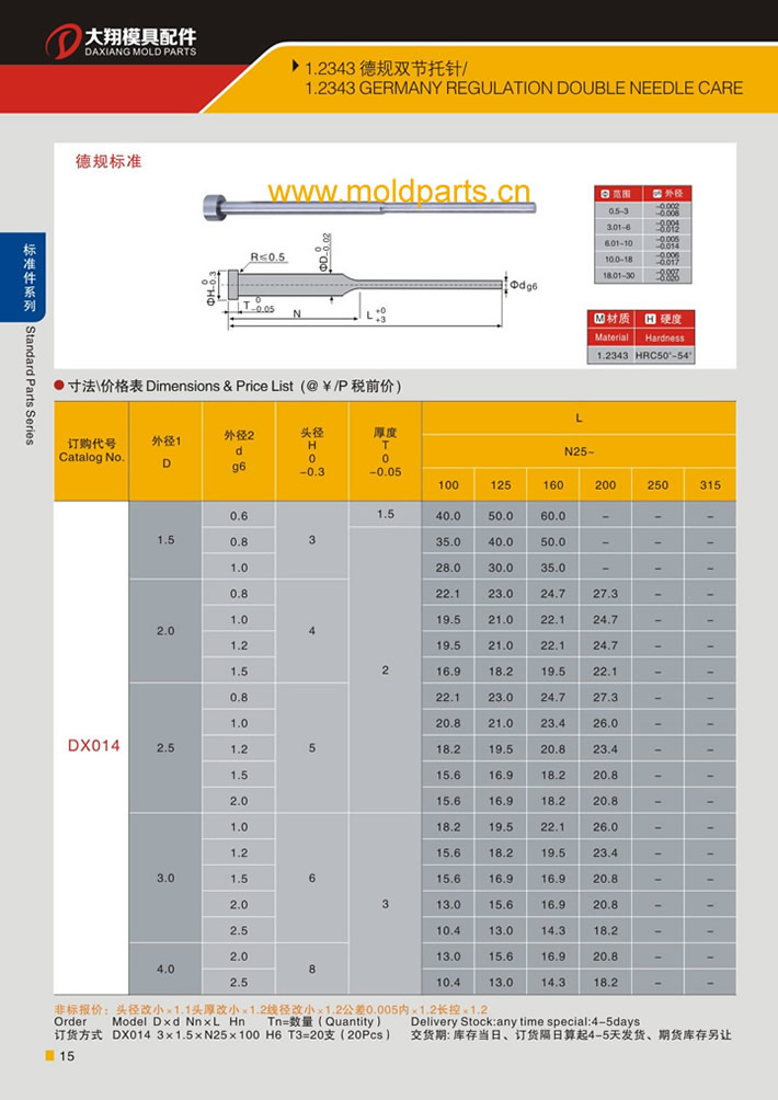 東莞大翔模具配件有限公司專業(yè)生產(chǎn)1.2343德規(guī)雙節(jié)頂針，1.2343德規(guī)雙節(jié)頂針的材質(zhì)、熱處理、硬度、標(biāo)準(zhǔn)、型號等詳情說明和介紹，您可以通過本頁面下單留言或者發(fā)送詢/報(bào)價(jià)