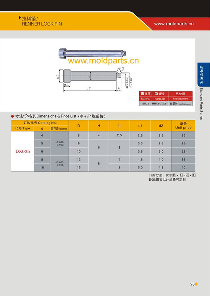 東莞大翔模具配件有限公司專業(yè)生產(chǎn)拉料銷，拉料銷的材質(zhì)、熱處理、硬度、標(biāo)準(zhǔn)、型號(hào)等詳情說明和介紹，您可以通過本頁面下單留言或者發(fā)送詢/報(bào)價(jià)