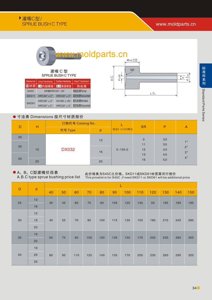 東莞大翔模具配件有限公司專業(yè)生產(chǎn)C型澆口套，C型澆口套的材質(zhì)、熱處理、硬度、標(biāo)準(zhǔn)、型號(hào)等詳情說(shuō)明和介紹，您可以通過(guò)本頁(yè)面下單留言或者發(fā)送詢/報(bào)價(jià)