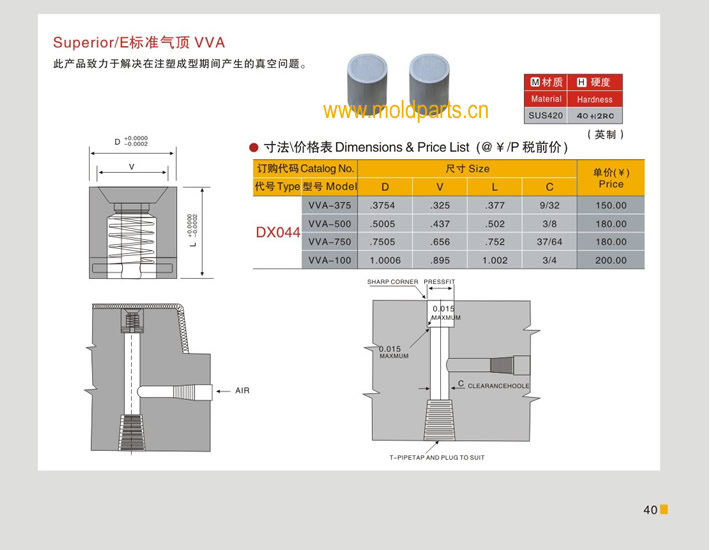 東莞大翔模具配件有限公司專業(yè)生產(chǎn)Superior/E標(biāo)準(zhǔn)氣頂VVA，Superior/E標(biāo)準(zhǔn)氣頂VVA的材質(zhì)、熱處理、硬度、標(biāo)準(zhǔn)、型號(hào)等詳情說明和介紹，您可以通過本頁面下單留言或者發(fā)送詢/報(bào)價(jià)