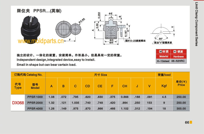 東莞大翔模具配件有限公司專業(yè)生產(chǎn)DME標(biāo)準(zhǔn)PPSR限位夾(英制)，DME標(biāo)準(zhǔn)PPSR限位夾(英制)的材質(zhì)、熱處理、硬度、標(biāo)準(zhǔn)、型號等詳情說明和介紹，您可以通過本頁面下單留言或者發(fā)送詢/報價