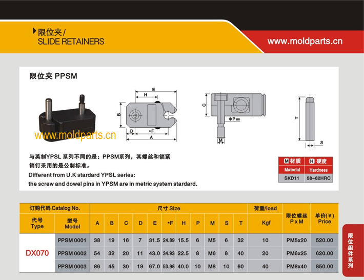 東莞大翔模具配件有限公司專業(yè)生產(chǎn)DME標(biāo)準(zhǔn)PPSM限位夾，DME標(biāo)準(zhǔn)PPSM限位夾的材質(zhì)、熱處理、硬度、標(biāo)準(zhǔn)、型號(hào)等詳情說明和介紹，您可以通過本頁面下單留言或者發(fā)送詢/報(bào)價(jià)