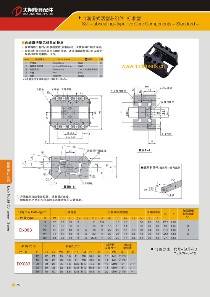 東莞大翔模具配件有限公司專業(yè)生產(chǎn)自潤(rùn)滑式活型芯組件(標(biāo)準(zhǔn)型)，自潤(rùn)滑式活型芯組件(標(biāo)準(zhǔn)型)的材質(zhì)、熱處理、硬度、標(biāo)準(zhǔn)、型號(hào)等詳情說(shuō)明和介紹，您可以通過(guò)本頁(yè)面下單留言或者發(fā)送詢/報(bào)價(jià)