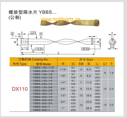 東莞大翔模具配件有限公司專業(yè)生產(chǎn)DME標準YBBS螺旋型隔水片，DME標準YBBS螺旋型隔水片的材質(zhì)、熱處理、硬度、標準、型號等詳情說明和介紹，您可以通過本頁面下單留言或者發(fā)送詢/報價