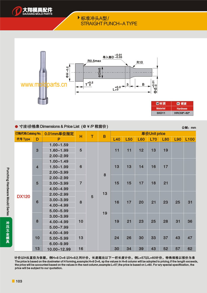 東莞大翔模具配件有限公司專(zhuān)業(yè)生產(chǎn)A型沖頭，A型沖頭的材質(zhì)、熱處理、硬度、標(biāo)準(zhǔn)、型號(hào)等詳情說(shuō)明和介紹，您可以通過(guò)本頁(yè)面下單留言或者發(fā)送詢(xún)/報(bào)價(jià)