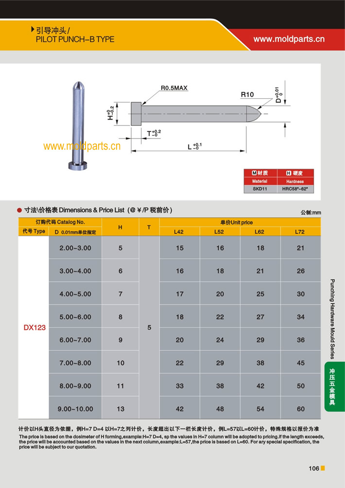 東莞大翔模具配件有限公司專業(yè)生產(chǎn)引導(dǎo)沖頭，引導(dǎo)沖頭的材質(zhì)、熱處理、硬度、標(biāo)準(zhǔn)、型號等詳情說明和介紹，您可以通過本頁面下單留言或者發(fā)送詢/報價