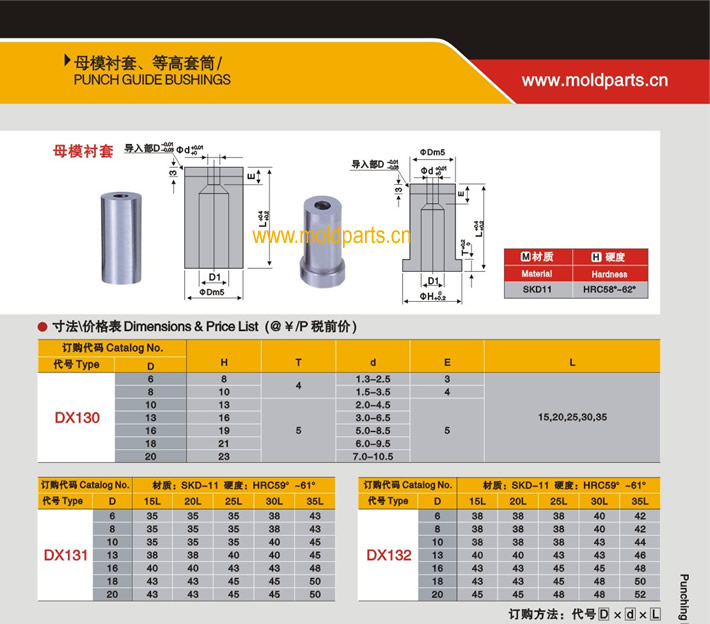 東莞大翔模具配件有限公司專業(yè)生產(chǎn)母模襯套，母模襯套的材質(zhì)、熱處理、硬度、標(biāo)準(zhǔn)、型號(hào)等詳情說(shuō)明和介紹，您可以通過本頁(yè)面下單留言或者發(fā)送詢/報(bào)價(jià)