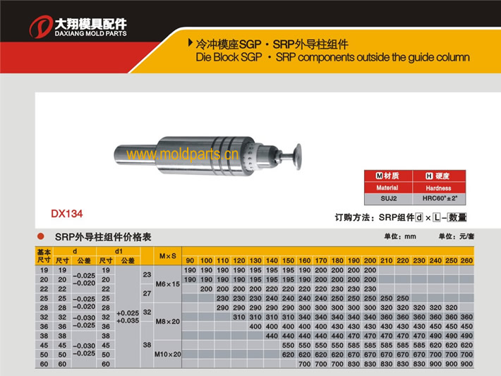 東莞大翔模具配件有限公司專業(yè)生產(chǎn)冷沖模SRP外導(dǎo)柱組件，冷沖模SRP外導(dǎo)柱組件的材質(zhì)、熱處理、硬度、標(biāo)準(zhǔn)、型號(hào)等詳情說(shuō)明和介紹，您可以通過(guò)本頁(yè)面下單留言或者發(fā)送詢/報(bào)價(jià)